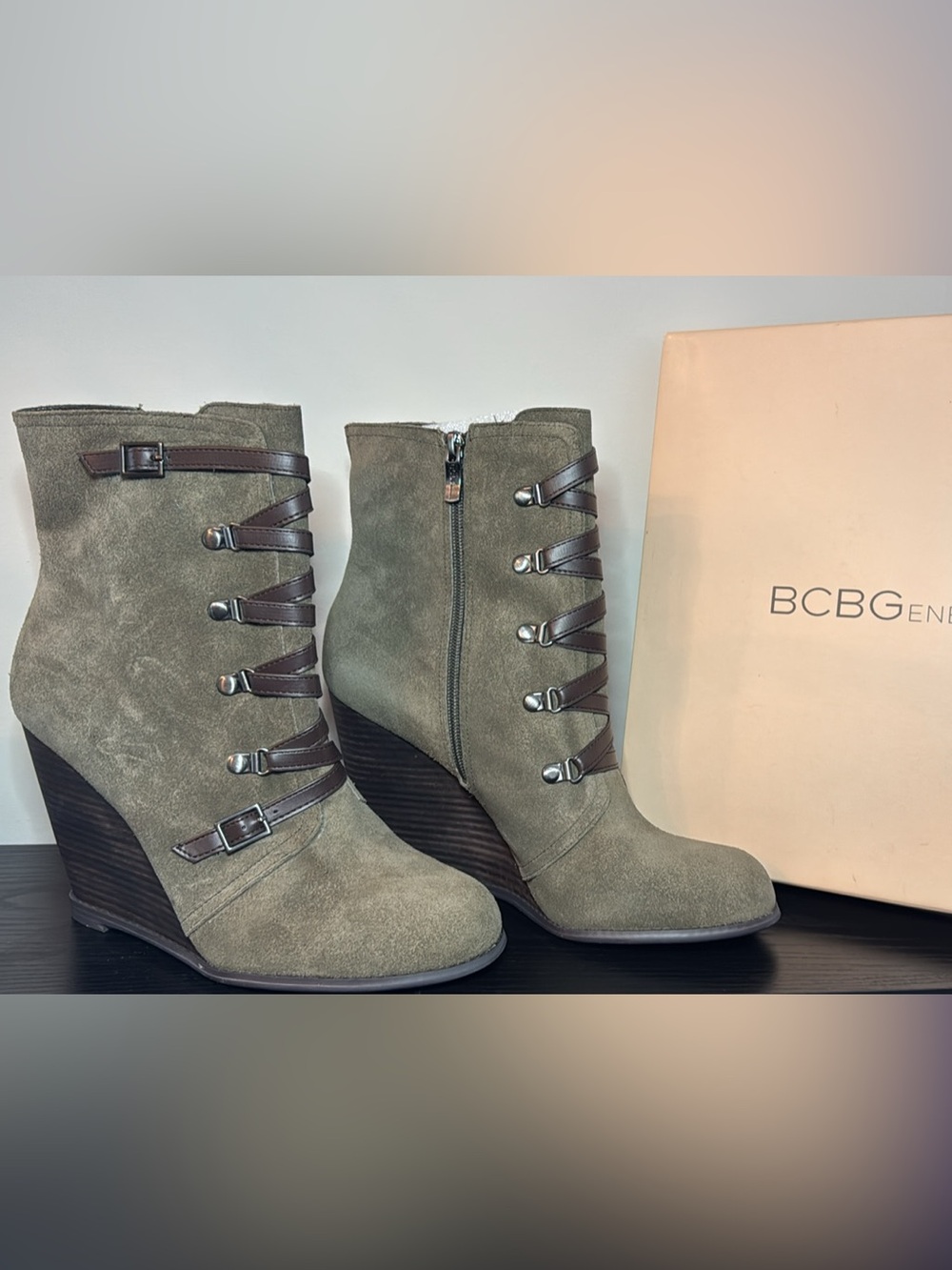 BCBG Olive Green Suede Lace-Accent Wedge Ankle Boots